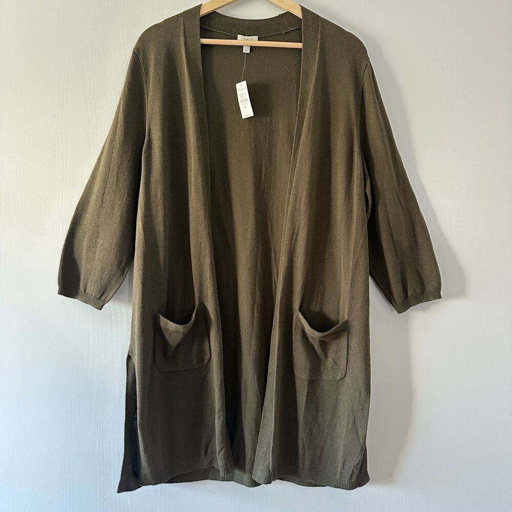 Talbots Womens 3/4 Sleeve Open Cardigan Duster Olive Green Size Large Petite NWT